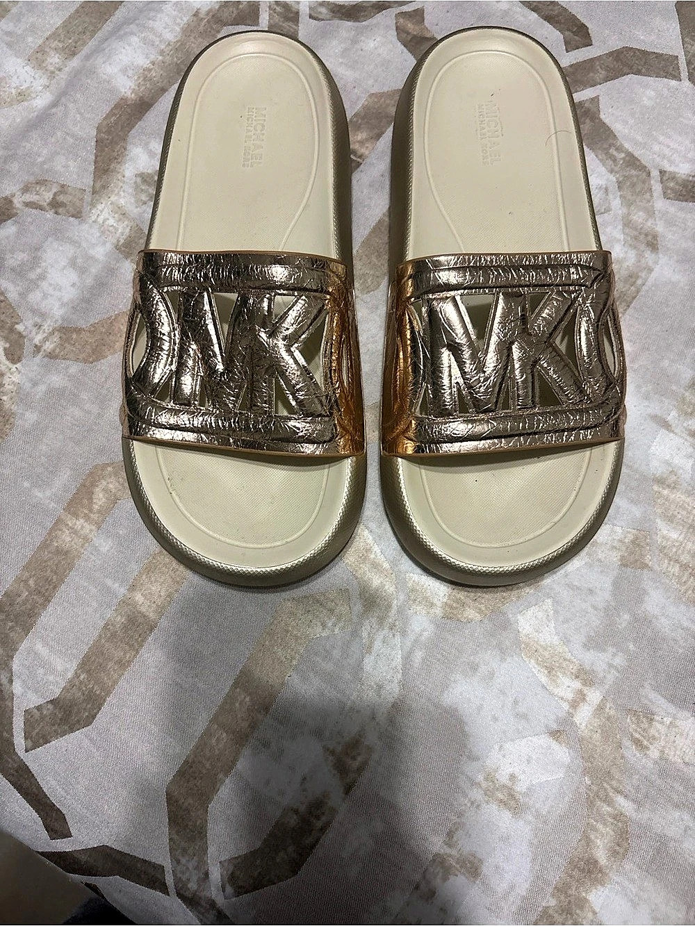 Michael Kors Gilmore Logo Slide Sandal Metallic Gold